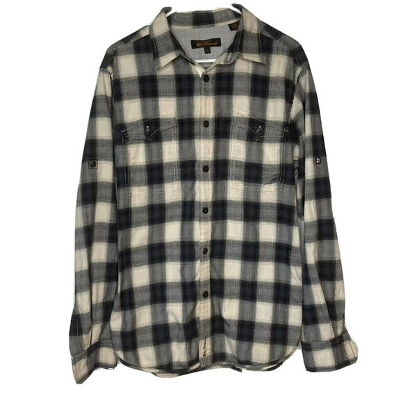 Ben Sherman Men’s Black Cream Plaid Cotton Button Up Cuff Shirt-XL - Picture 1 of 16
